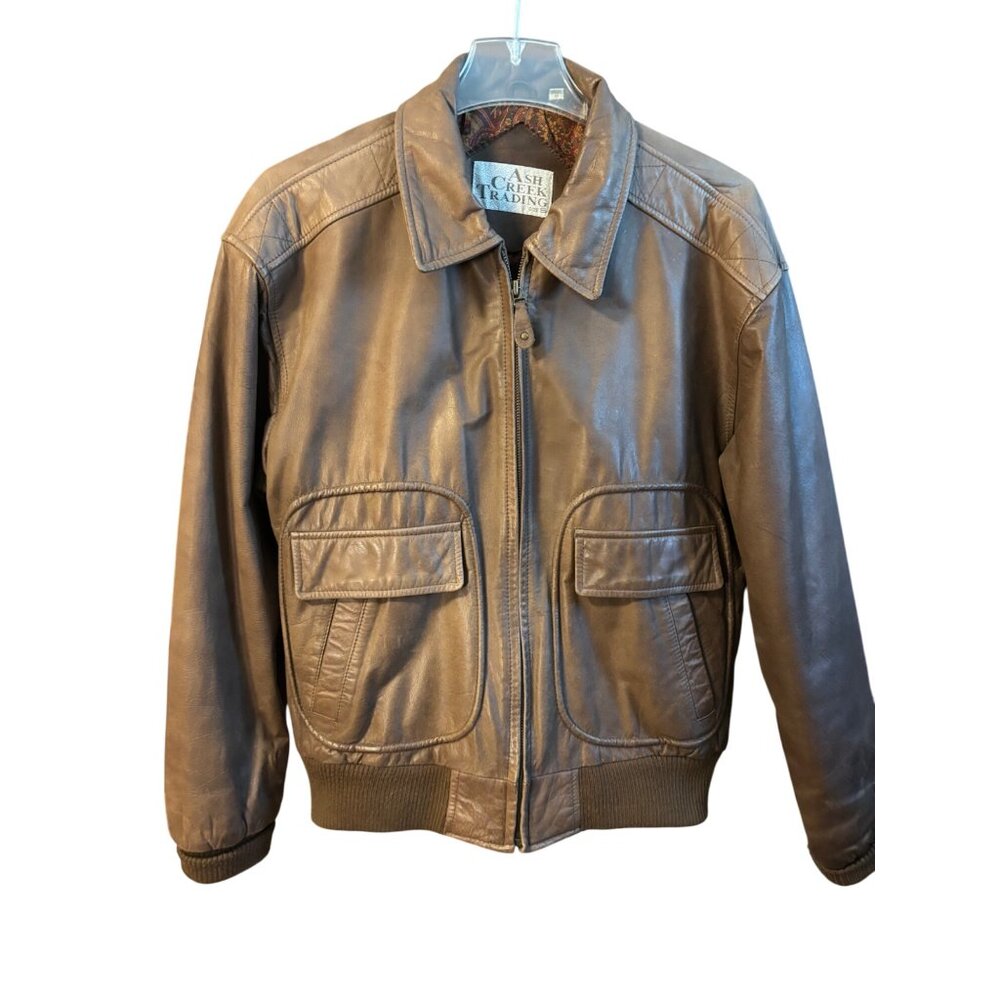 Vintage Ash Creek Trading Brown Genuine Leather Bomber Jacket Paisley Sz S